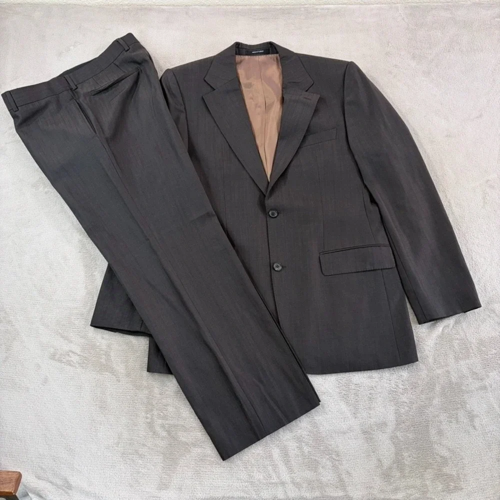 Hugo Boss 2 Button‎ Front Suit Set in Brown Striped Wool Men 40R Pants 34x30